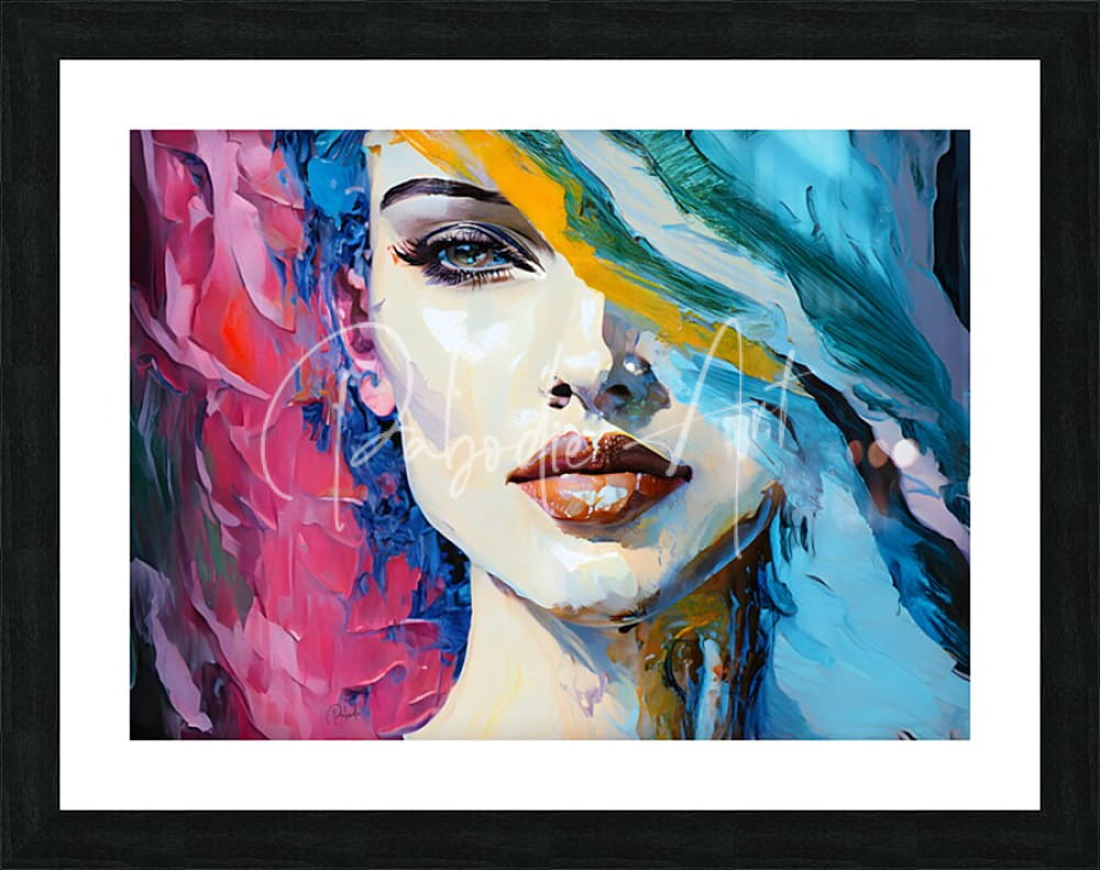 A vibrant abstract portrait of a woman with bold pink blue and yellow brushstrokes in abstract faces v