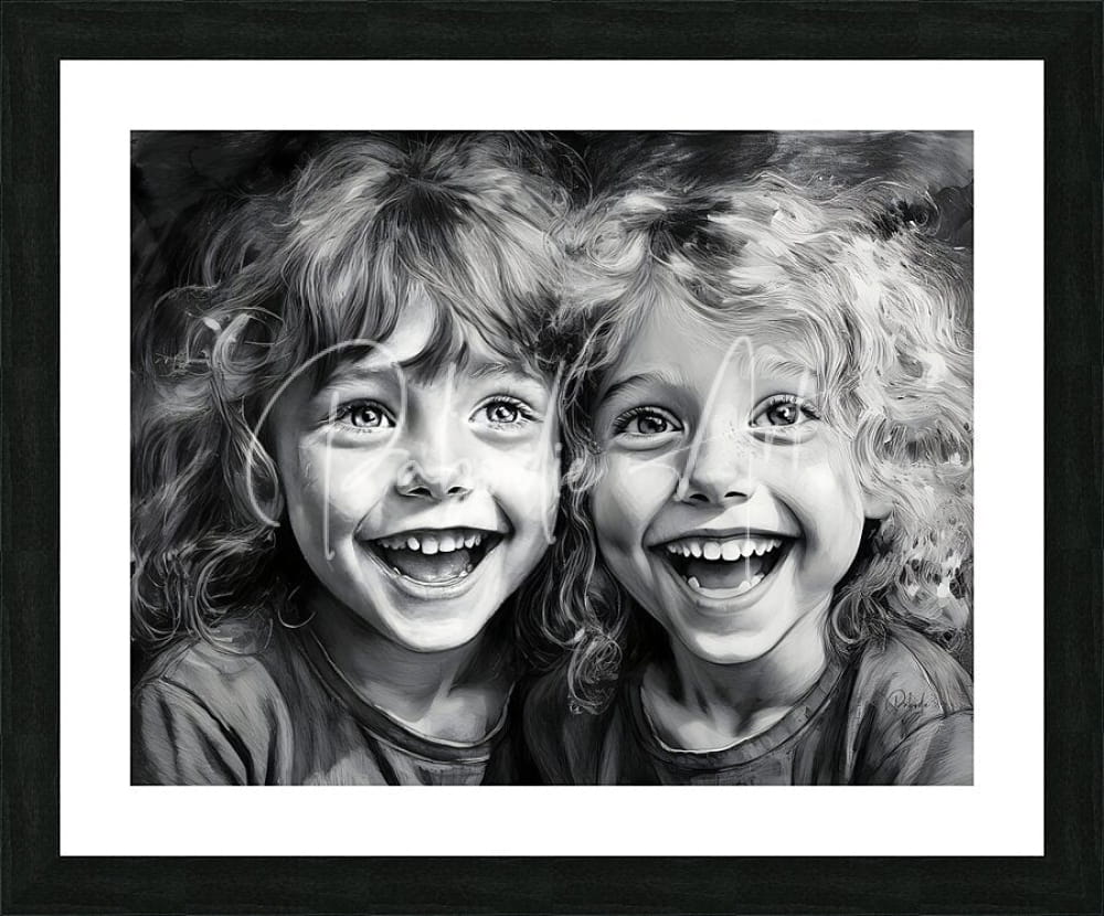 Black and white framed artwork titled Besties showing two laughing children with curly hair in a simple frame