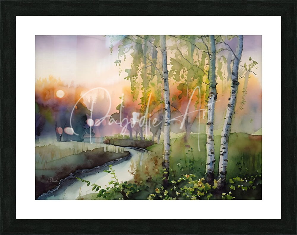 Birch creek watercolor painting of a serene forest with birch trees and winding stream framed in black