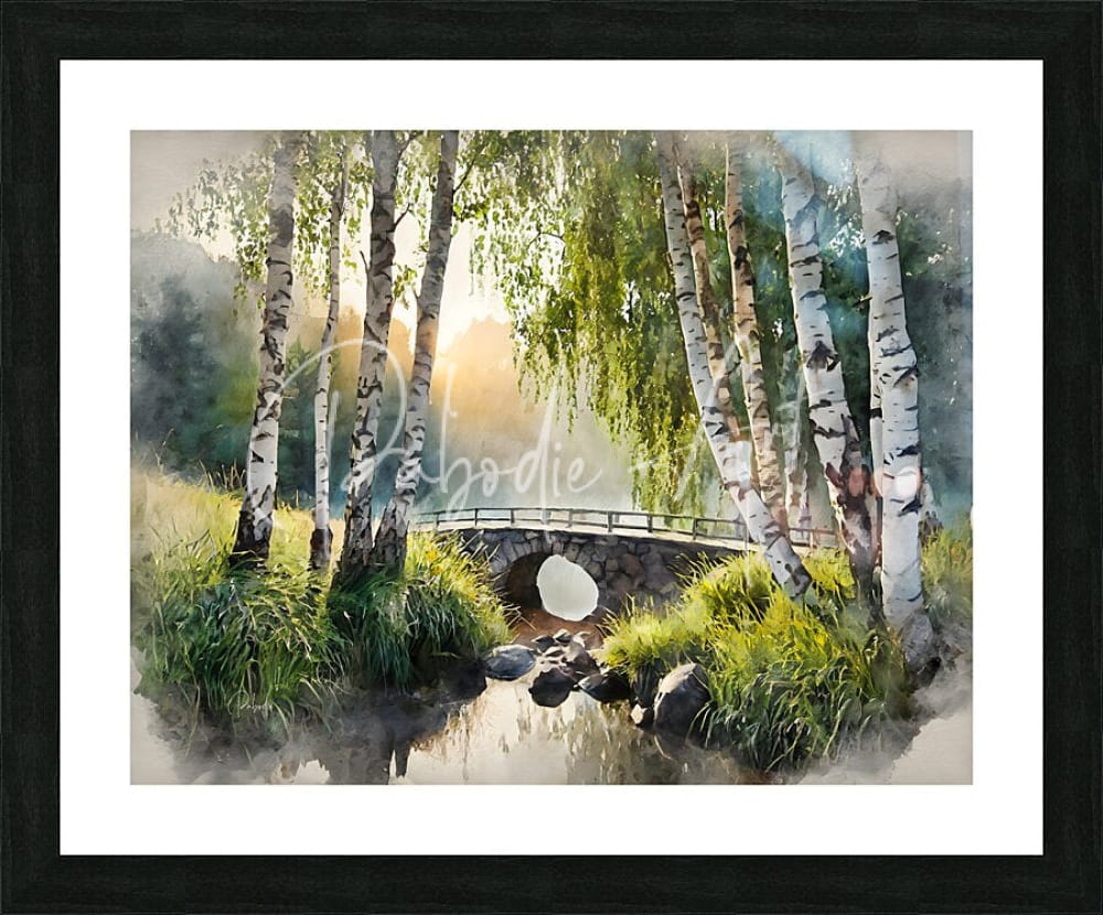 Framed watercolor painting of a serene birch forest with a stone bridge over a gentle stream in soft greens and whites