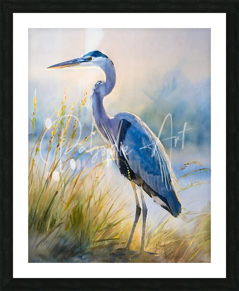 A framed watercolor painting titled blue heron beachside featuring a blue heron in tall golden grass