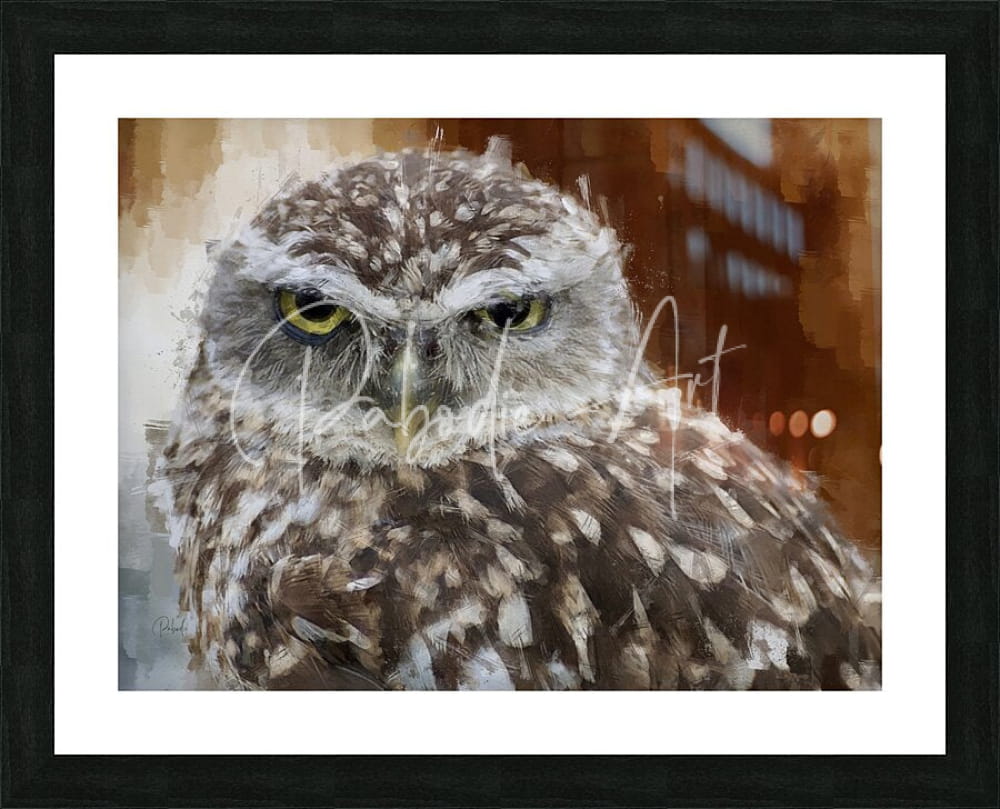 A framed watercolor painting of a burrowing owl with green eyes and mottled brown white and gray feathers
