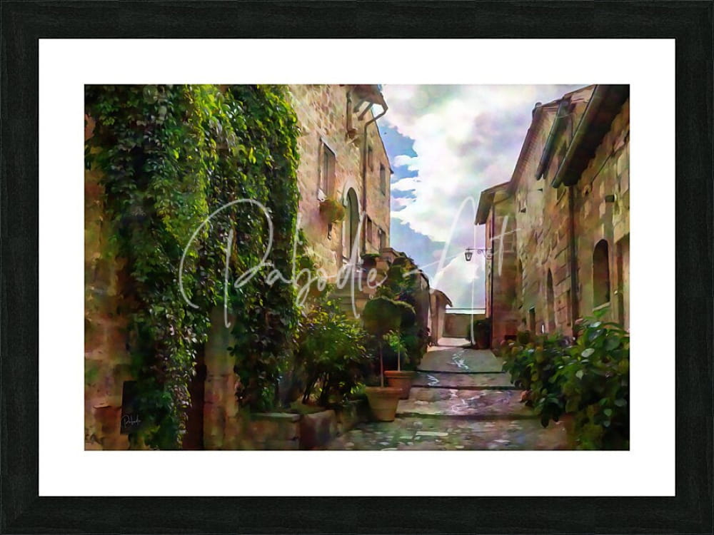 Black-framed art print titled cobblestone steps and stones to the sky showing sunlit cobblestone alley with ivy stone buildings