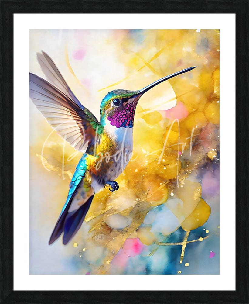 Colorful hummingbird watercolor artwork featuring iridescent green and blue feathers with a purple throat patch in mid-flight