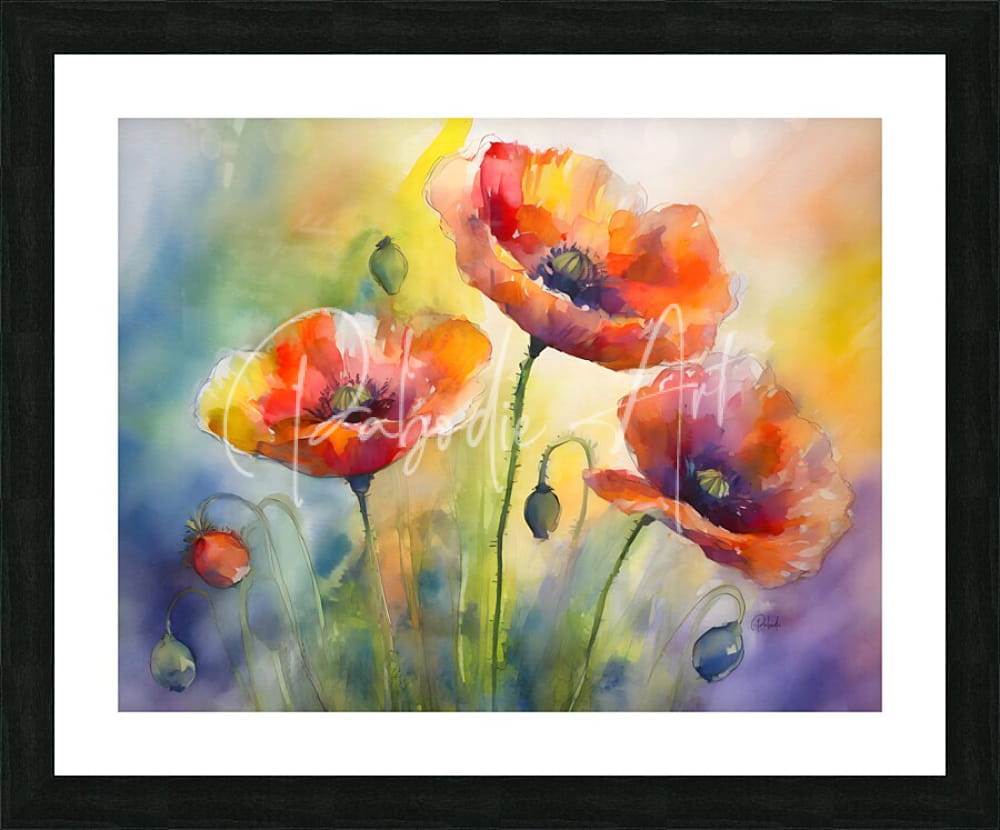 A vibrant watercolor painting of three orange and red poppies with green stems in dancing poppies design