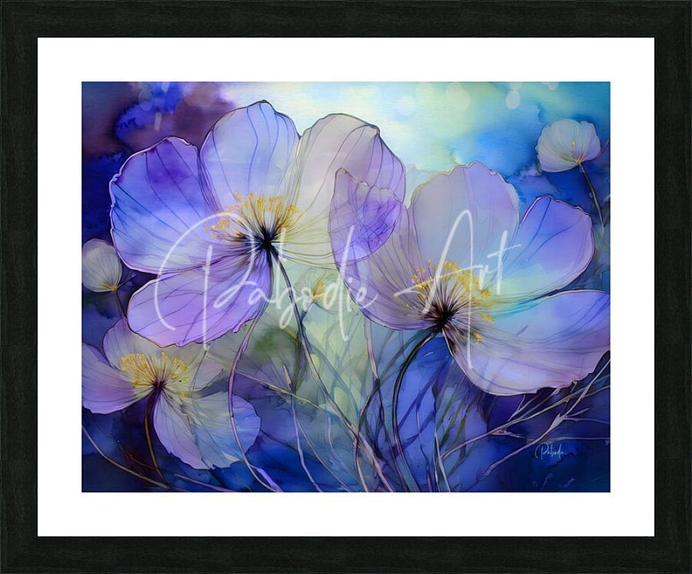 Framed dancing viola watercolor artwork featuring delicate purple and blue flowers with yellow centers on soft gradient background