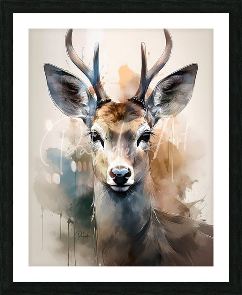 A framed watercolor painting titled the eyes of a deer inkwash features a deer with detailed antlers in earthy browns and grays