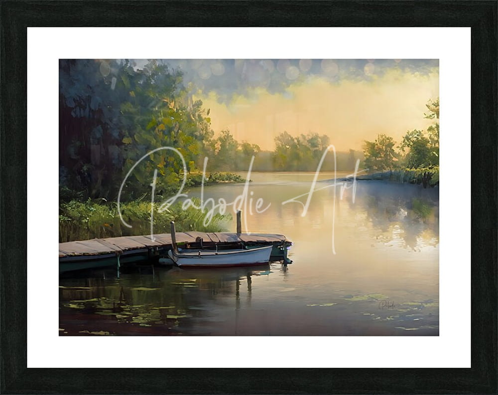 Framed painting titled the fishing hole of a serene lakeside with a white boat at a wooden dock in golden light