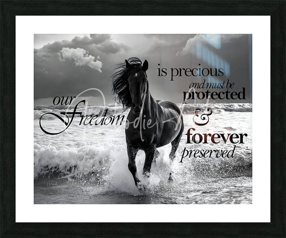 Black framed print featuring a dynamic black and white horse galloping through ocean waves titled Freedom Horse