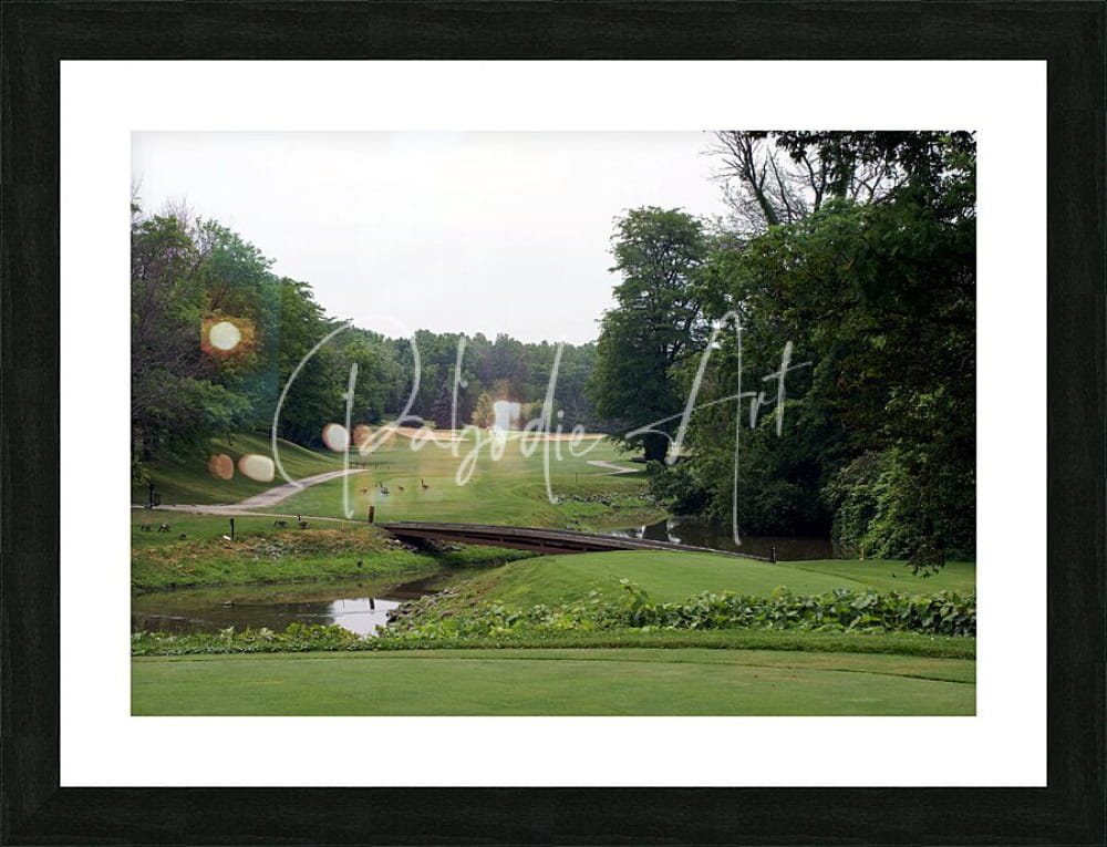 Black-framed print of a serene golf course with lush green fairways and a small bridge at sawmill creek