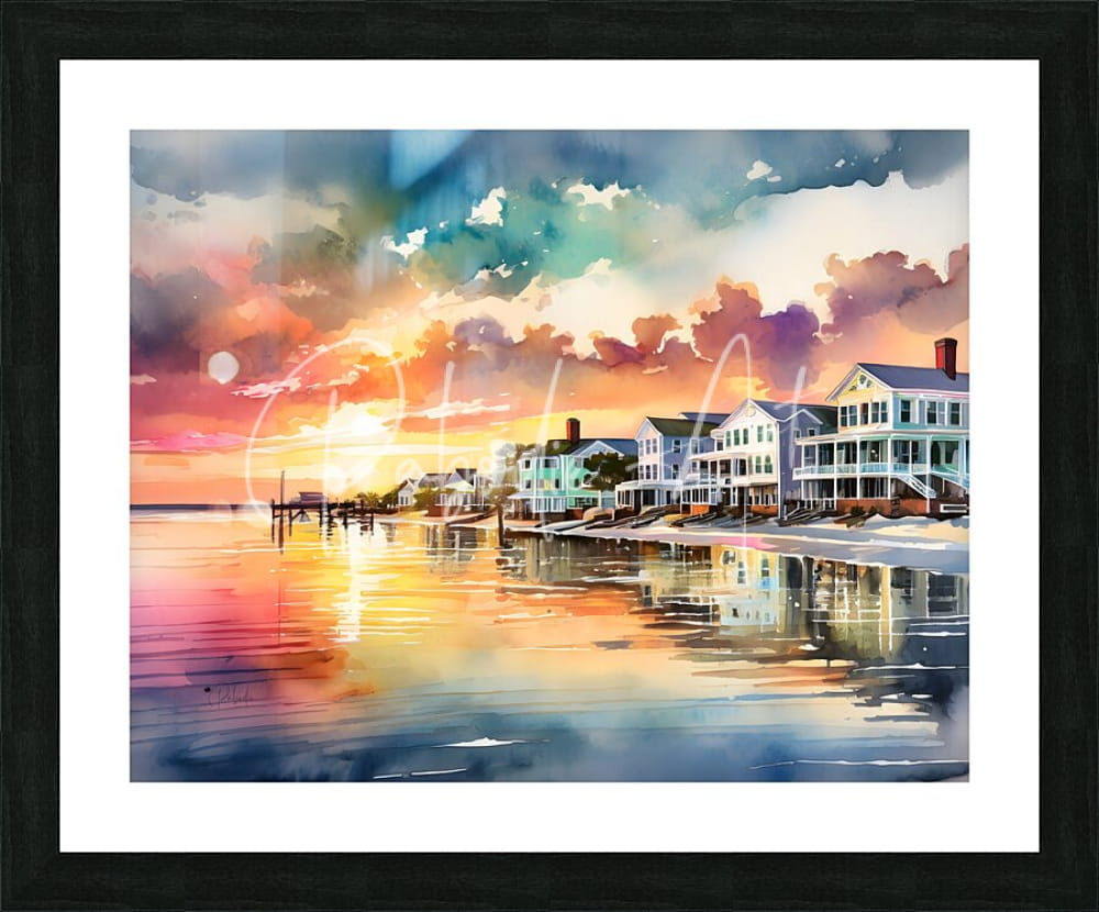 A vibrant watercolor painting titled Island Time Sunrise featuring a coastal sunset scene framed in black with a white mat