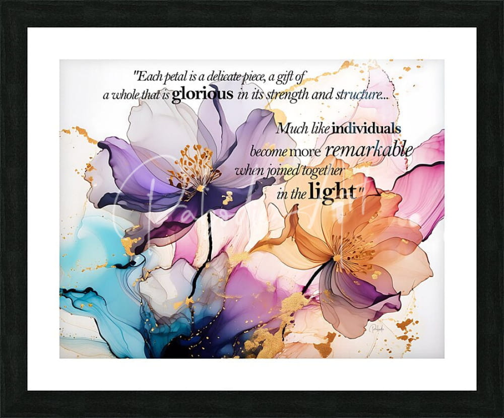 A framed abstract floral artwork titled joined together in the light featuring purple pink and blue blossoms with gold splatters