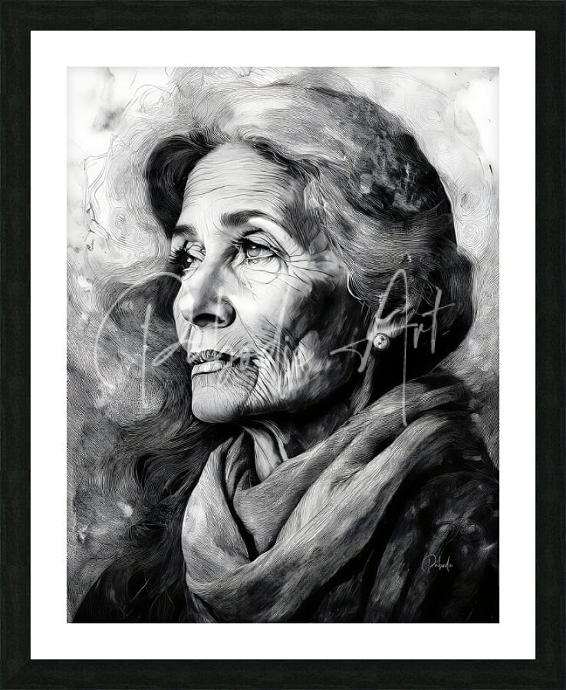 Black-and-white charcoal portrait of an elderly woman in a scarf framed in black with white matting titled knowledge of her years
