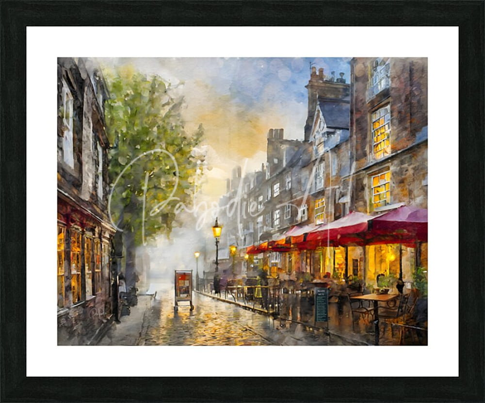 A framed watercolor painting of a london england city street with cobblestones and red awning café seating