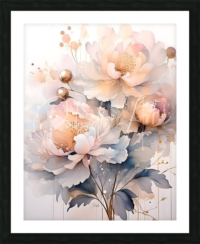 A framed peonies ink wash i artwork with delicate watercolor floral arrangement in soft pink peach and muted blue