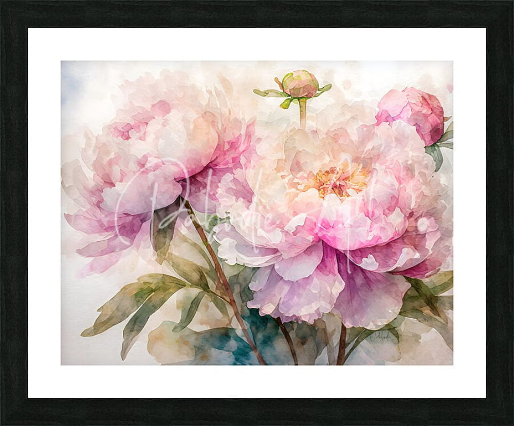 A framed watercolor painting of delicate pink peonies with soft gradients and subtle green leaves titled peonies watercolor
