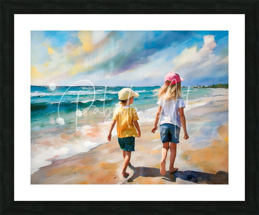 Framed painting titled sisters on the beach showing two children walking along shoreline under a vibrant sky