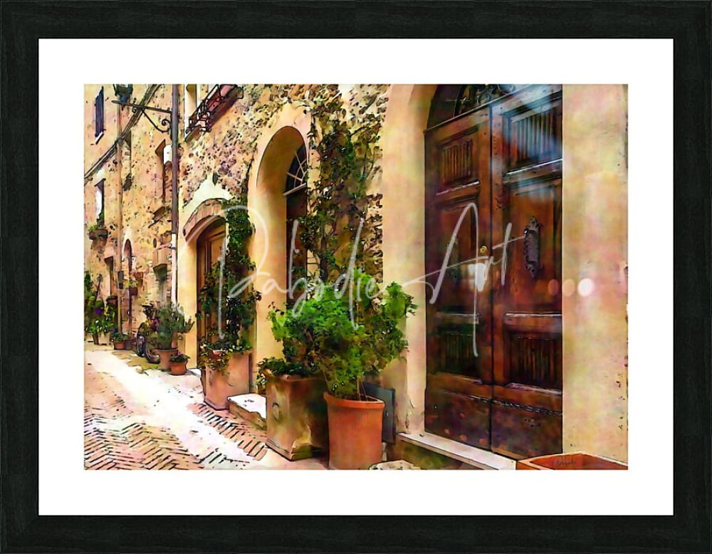 Black-framed art print of stone arched doors along the way showing a sunlit european alley with terracotta pots and wooden doors