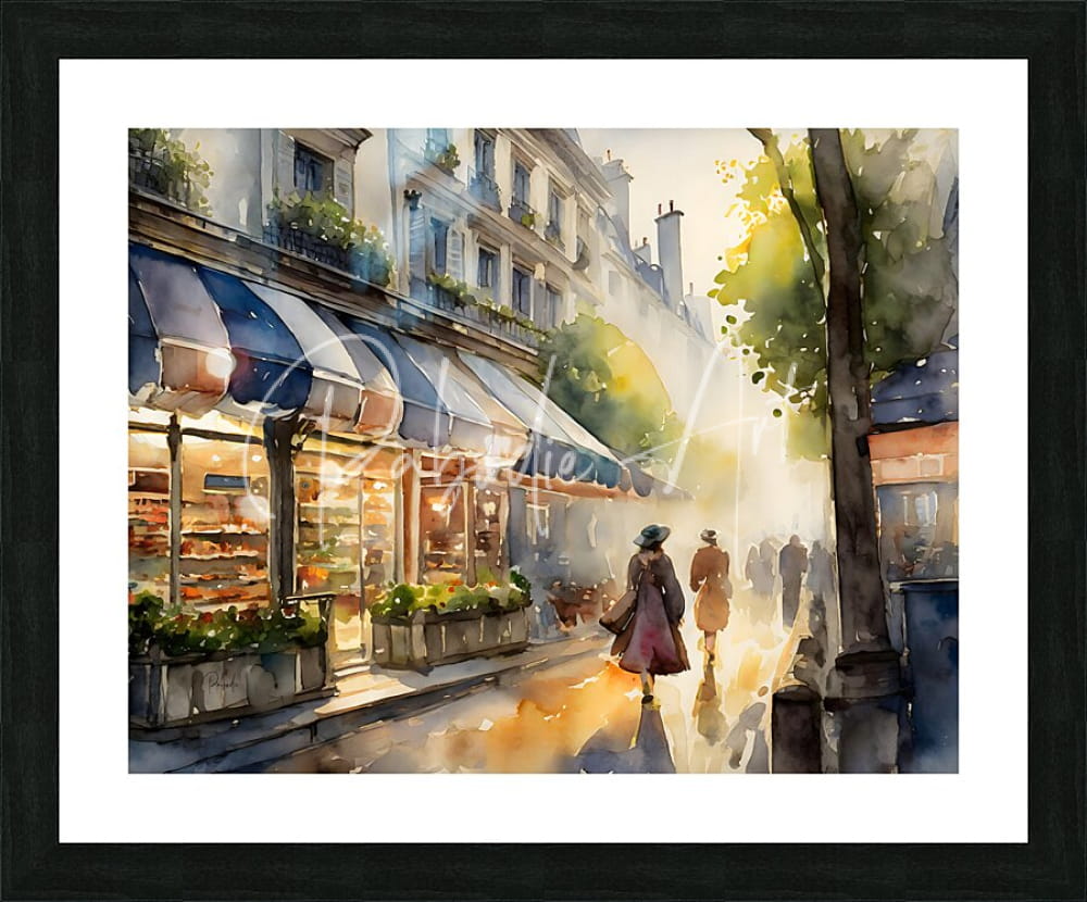 Watercolor painting of a parisian street scene in a black frame titled street shops in paris displayed on a wall