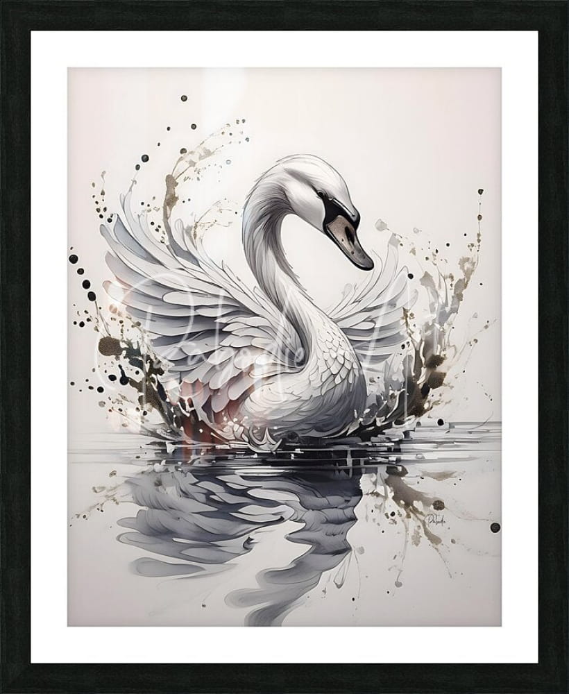 A framed artwork titled the swan ink wash featuring a white swan with detailed feathers and black splashes on reflective water