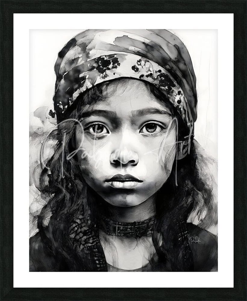 Black-and-white watercolor portrait of a young girl with patterned headscarf in a sleek black frame with white mat titled Tabitha