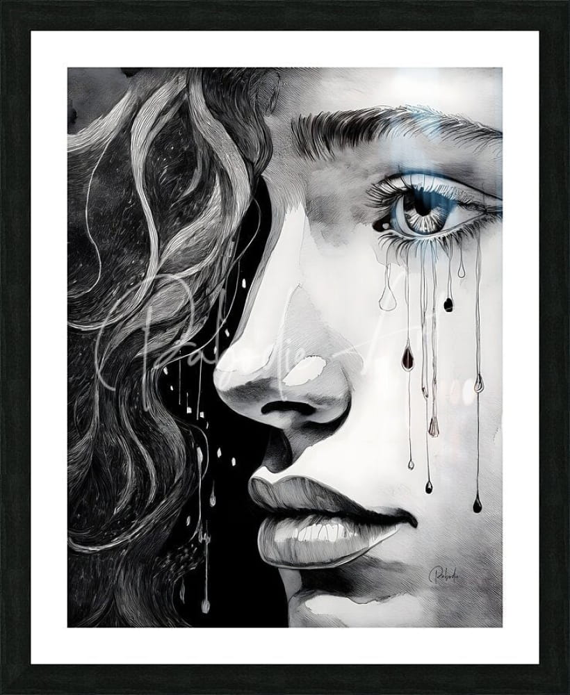 A black and white artistic portrait of a woman with one blue eye framed in black for the product a teens tears