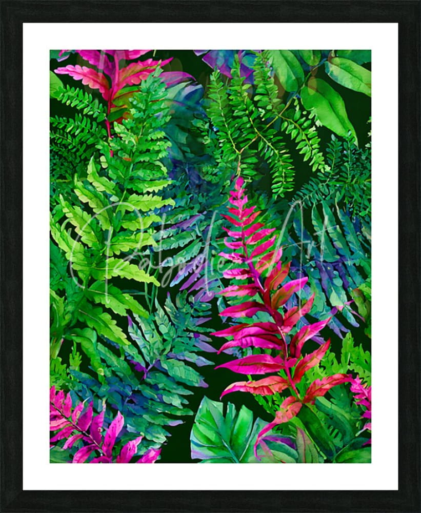 Vibrant watercolor painting of tropical ferns in green pink and purple framed in sleek black frame with white mat titled Tropical Leaves II