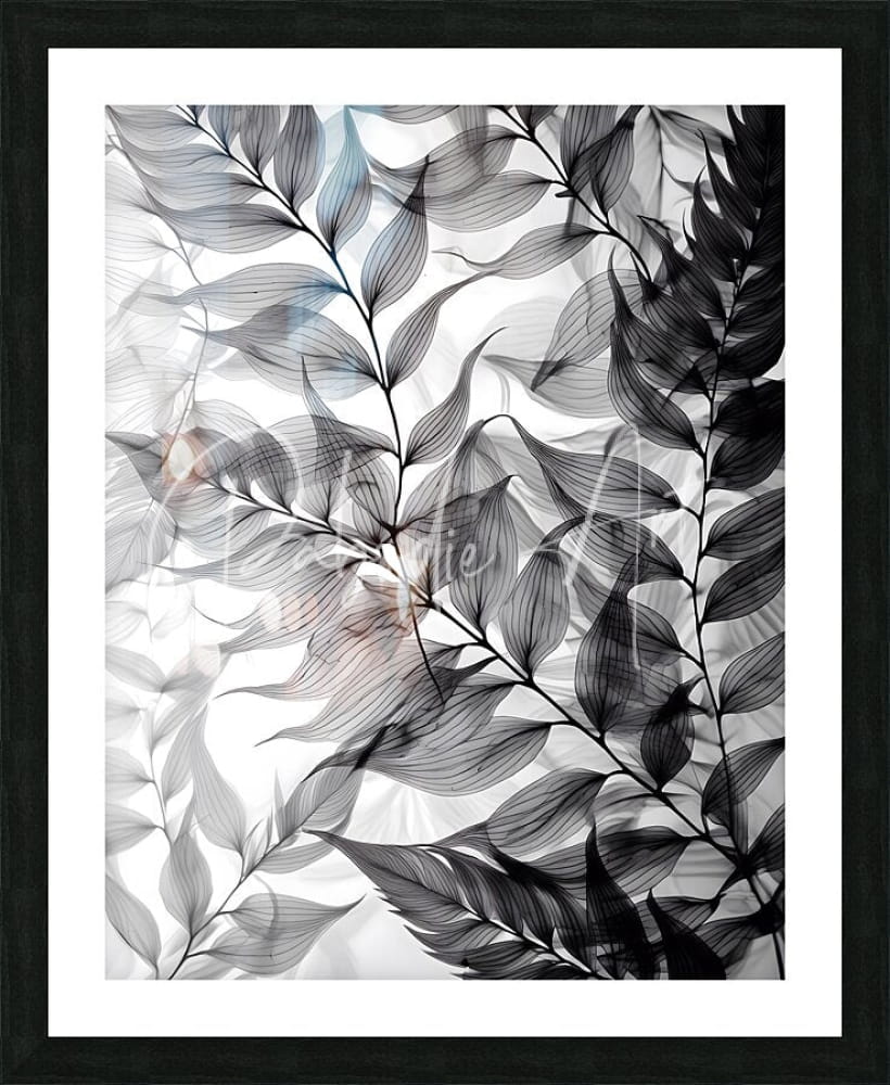 Black-framed art print tropical transparencies iv with abstract grayscale botanical leaves and subtle blue pink highlights