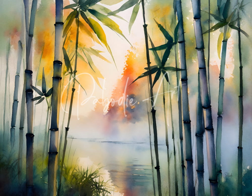 A watercolor painting of tall green bamboo trees with leaves against a soft gradient sky and misty lake background