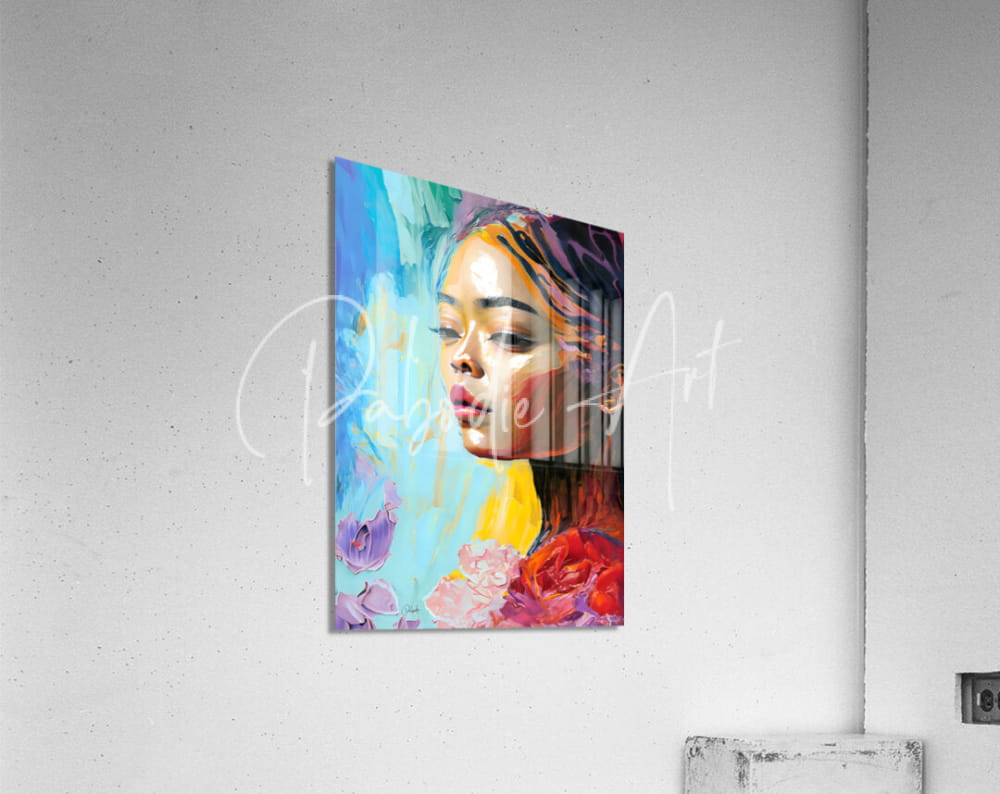 Vibrant abstract faces i canvas featuring a woman with bold colorful brushstrokes and floral accents