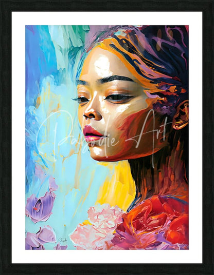 Abstract faces i vibrant abstract portrait of a woman with bold brushstrokes in blues yellows and purples framed in black