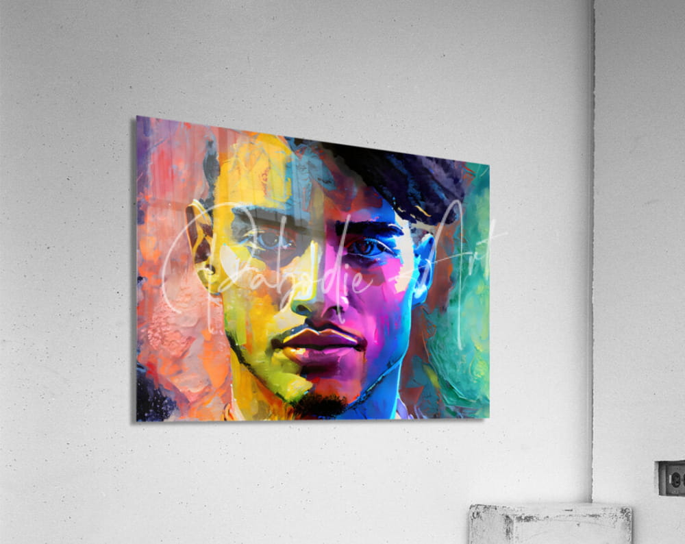 Vibrant pop art acrylic print titled abstract faces iv featuring a bold multicolored brushstroke portrait of a man