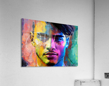 Vibrant pop art acrylic print titled abstract faces iv featuring a bold multicolored brushstroke portrait of a man