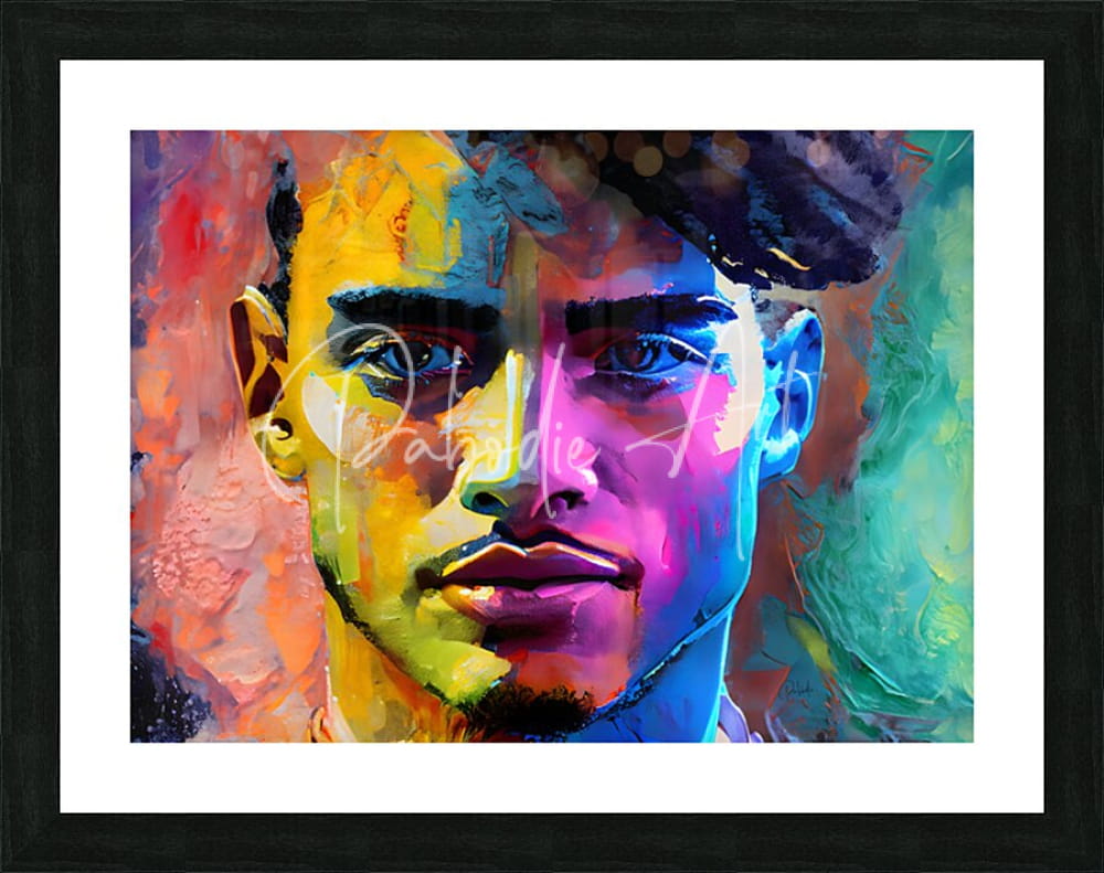 Vibrant pop-art portrait of a man in bold abstract colors in a sleek black frame titled abstract faces iv