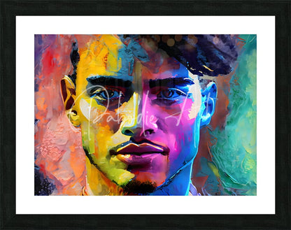 Vibrant pop-art portrait of a man in bold abstract colors in a sleek black frame titled abstract faces iv