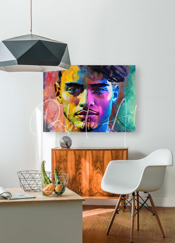 Vibrant pop art portrait of a man with bold colorful brushstrokes in yellow purple and teal from abstract faces iv