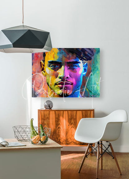 Vibrant pop art portrait of a man with bold colorful brushstrokes in yellow purple and teal from abstract faces iv