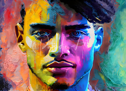 Vibrant abstract faces iv portrait painting of a man with bold brushstrokes in yellow blue pink and green hues