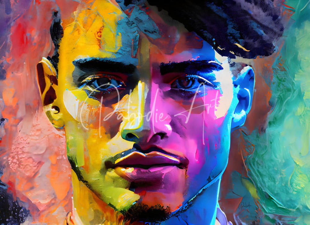 Vibrant abstract portrait painting titled Abstract Faces IV with bold brushstrokes in yellow blue pink and green hues