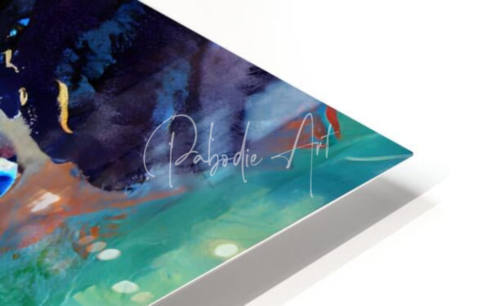 A vibrant abstract faces iv painting with swirling blues greens and orange on a glossy surface