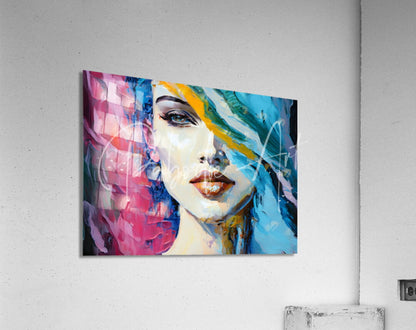 Vibrant abstract faces v canvas featuring bold pink blue and yellow brushstrokes with a stylized woman’s face