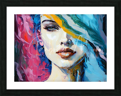 A vibrant abstract portrait of a woman with bold pink blue and yellow brushstrokes in abstract faces v