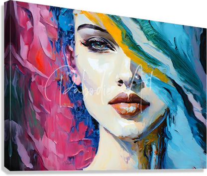 Vibrant abstract faces v canvas with bold expressive brushstrokes in pink blue and yellow hues featuring a woman