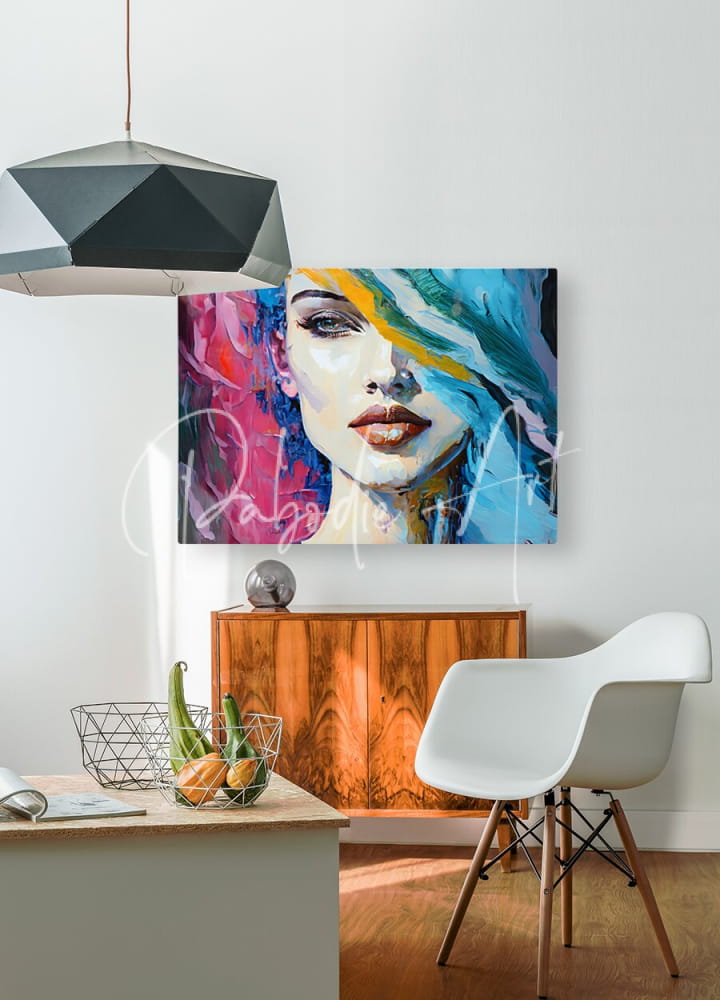 Vibrant abstract faces v canvas portrait with bold pink blue yellow and teal strokes on white wall background