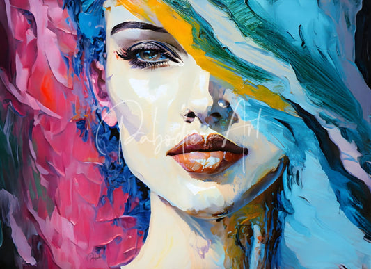 A vibrant abstract portrait painting titled Abstract Faces V featuring a woman’s face in pink blue and yellow hues