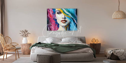 Vibrant abstract portrait painting abstract faces v with bold pink blue and yellow strokes on canvas