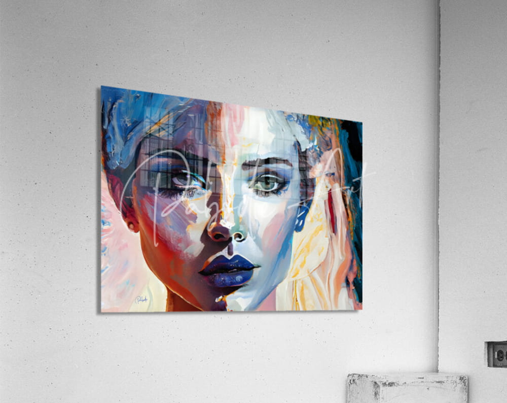 Vibrant abstract faces viii canvas with bold blue pink and green hues featuring a stylized face design