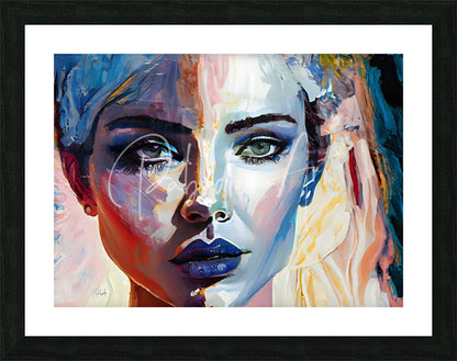 Abstract faces VIII vibrant mixed media portrait of woman with bold blue lips and expressive eyes on canvas in black frame