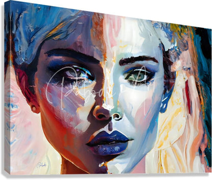 Abstract faces viii vibrant abstract portrait canvas with bold blue white and pink brushstrokes and split-face design