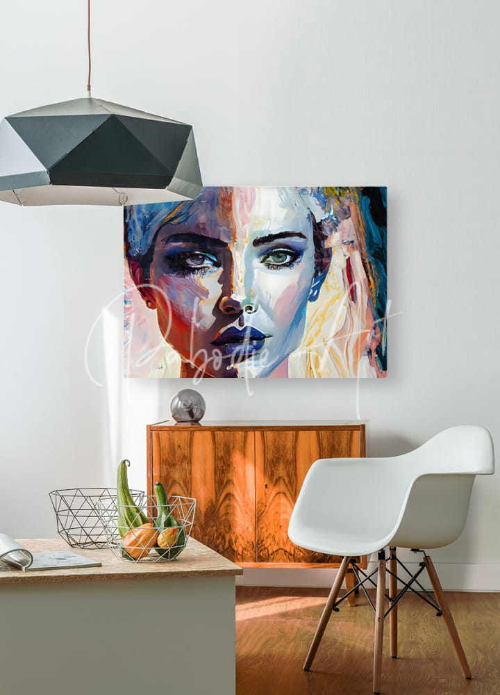 A vibrant abstract portrait painting titled abstract faces VIII featuring a woman’s face with colorful brushstrokes in blue pink and yellow